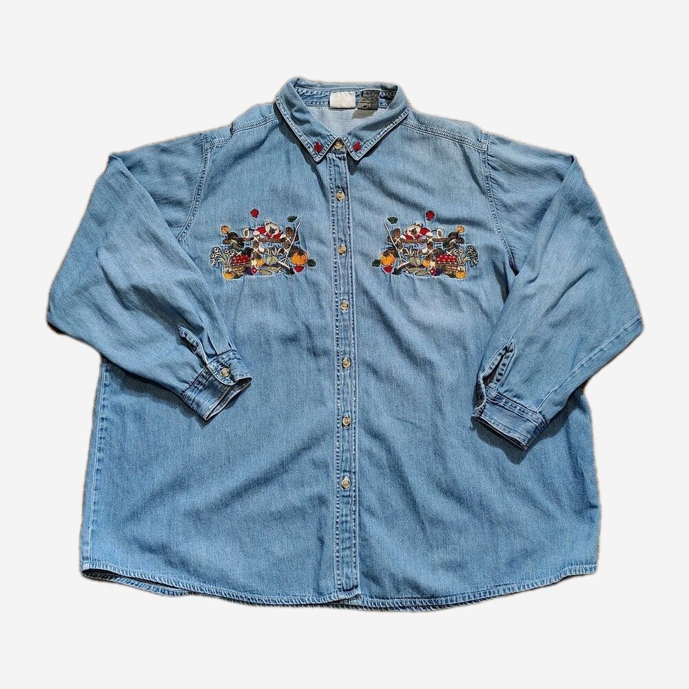 Bobbie Brooks Womens 90s Denim Shirt Size 26W 28W Embroidered Bears Pumpkins
